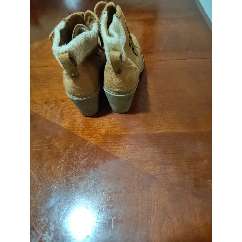 Mad Love Tan Faux Suede Wedge Ankle‎ Boots with Faux Shearling Trim Lace Up Tan